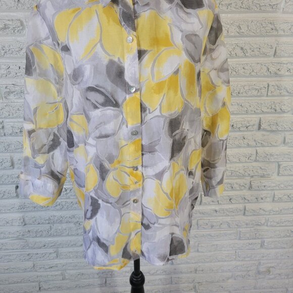 Alfred Dunner Women Top 18 Plus Yellow Floral Sheer Lightweight Button FLO289XE - Picture 4 of 9